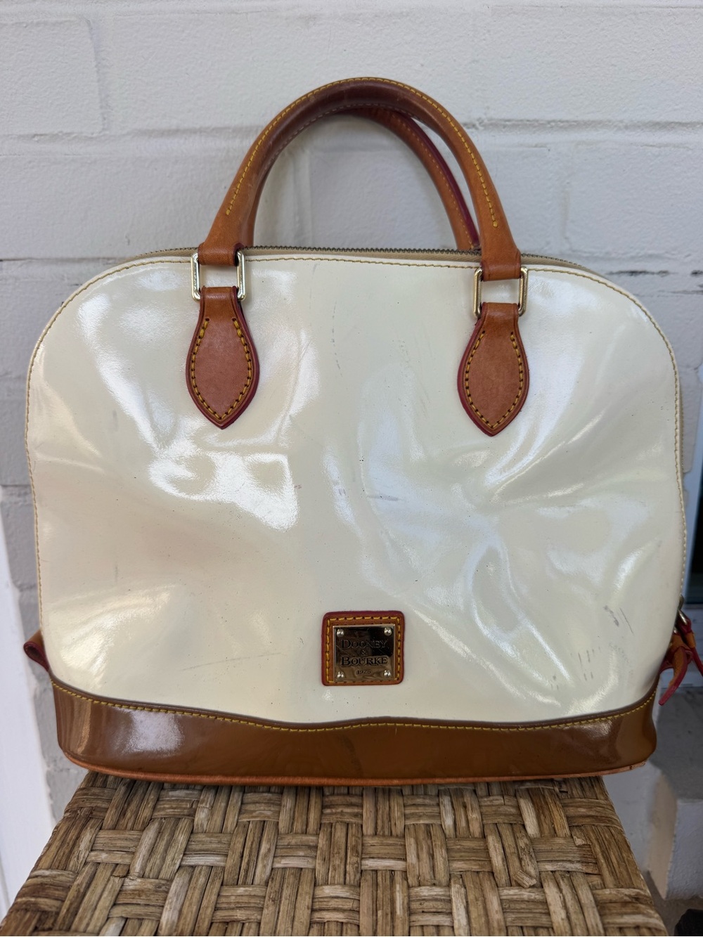 Dooney & Bourke Cream and Tan Patent Leather Zip ZipSatchel
